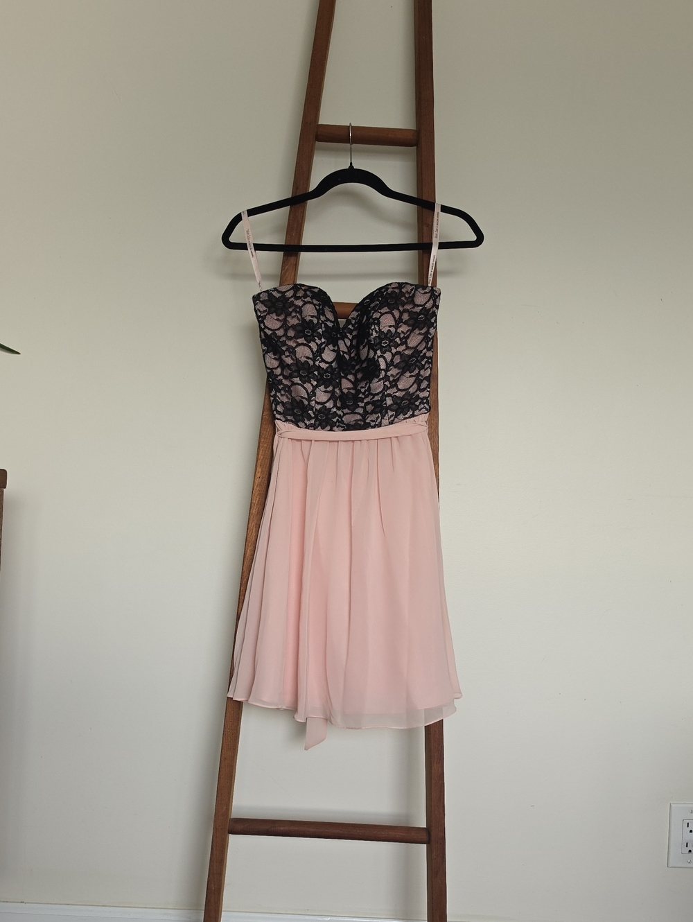 Mori Lee Pink Chiffon Dress with Black Lace Bodice